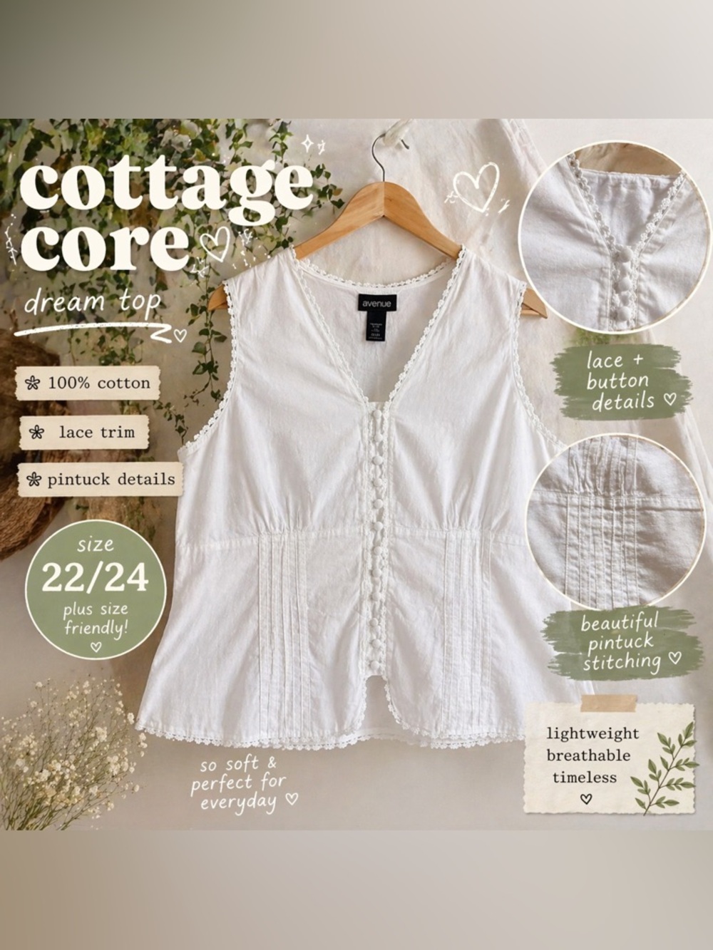 Avenue White Cotton Lace-Trim Button Front Tank